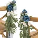 Ling's moment 8 pcs Wedding Artificial Aisle Pew Flowers Chair Decorations Arrangements with Chiffon Ribbons Dusty Blue & Navy for Ceremony Chair Back Floral Decor Reception Church Party Outdoor- Dusty Blue and Navy 