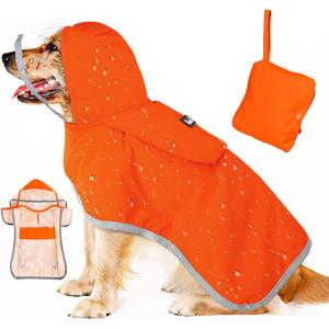 SlowTon Dog Raincoat, Adjustable Dog Rain Jacket Clear Hooded Double Layer, Waterproof Poncho with Reflective Strip Straps and Storage Pocket for Small Medium Large Dogs Puppies(OR XL)