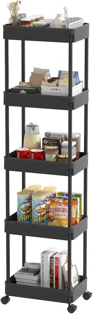 Sooyee 5Tier Plastic Rolling Utility Cart with Wheels, MultiFunctional Storage Trolley for Office, Living Room, Kitchen, Movable Storage Organizer with Wheels,Black