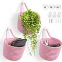 Fabric Wall Hanging Baskets - 3Pack Woven Pouchs Boho Style Wall Mounted Bag with Adhesive Hooks, Storage Organizers and Decoration Pocket Caddy Bins on Door Rack (Bright Pink & White, Large)