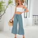 Himosyber Womens Cotton Wide Leg Cropped Pants Casual Drawstring Elastic Waisted Ruffle Hem Palazzo Pants with Pockets (S)
