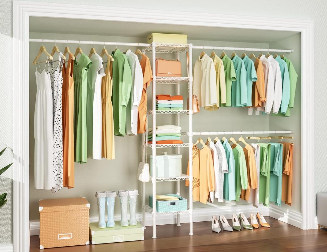 Ulif M1 Closet Storage Organizer System, 6 Tiers Heavy Duty Metal Garment Rack with 3 Expandable Hanger Rods, Wall Mounted Space Saver Suits from 5.4-8.7 ft. Width, 71.2H x 14D, 700LBS, White
