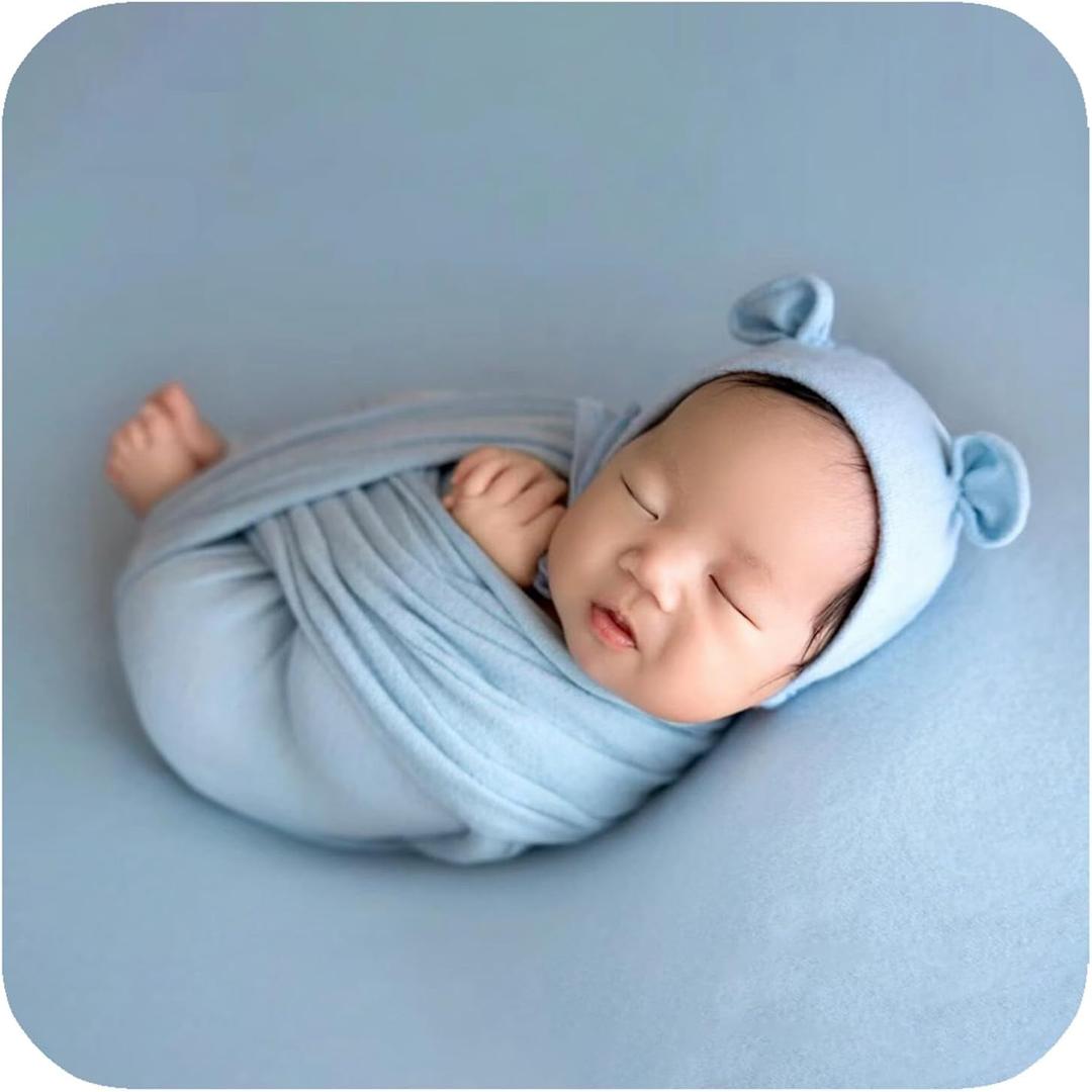 3Pcs Newborn Photography Props Baby Photoshoots Photo Posing Wraps Backdrops with Headband Stretch (Wrap + Backdrop + Headband, Light Blue)