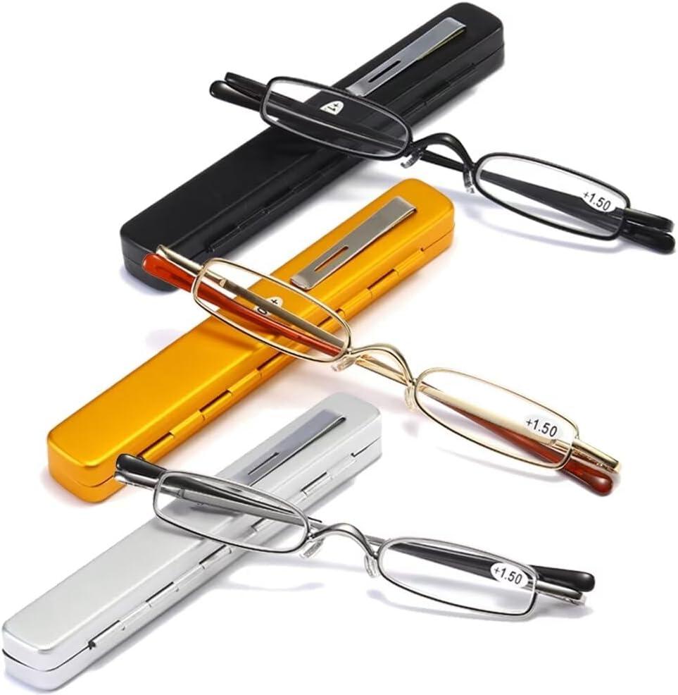 MMOWW Small Reading Glasses Men Women 3 Pairs Slim Pocket Readers with Pen Clip Metal Case Spring Hinge 1.75