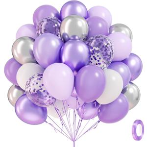 60pcs Purple and Silver Balloons 12inch with Pearl Purple White Metallic Silver Confetti Balloons for Wedding Bridal Baby Shower Birthday Party Decorations (Pastel Purple Sliver)
