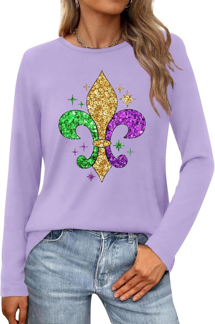 LAZYCHILD Mardi Gras Shirt for Women: Fat Tuesday Shirts Mardi Gras Long Sleeve New Orleans Carnival Party Tops (Purple, XL)