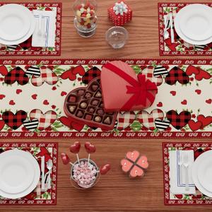 XCHI Buffalo Plaid Love Hearts Roses Flowers Valentine's Day Table Runner Table Decoration for Party Home Kitchen Dining Holiday Decor 13x108 Inch