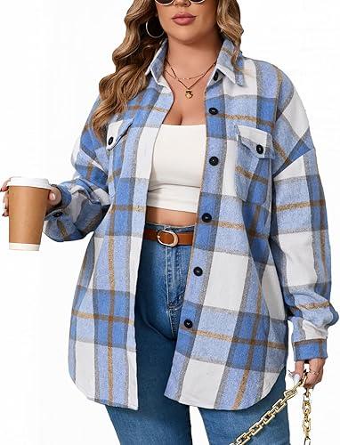 Women's 1X-5X Plus Size Flannel Plaid Corduroy Shacket Jacket Oversized Button Down Coats Shirts Winter Fall XL