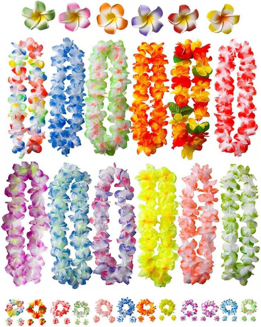 50 PCS Soft Hawaiian Leis Luau Party Decorations Tropical Party Favors Lei Hawaiian Flower Hair Clip,Headbands and Wristbands Perfect for Your Hawaii Luaus Party.