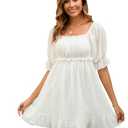 DUKAKII Women's Summer Dress Boho Short Sleeve Mini Dresses Square Neck Ruffle Mini Beach Dresses Milk White, Size M