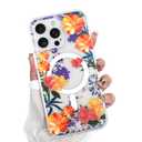 AIGOMARA Magnetic for iPhone 15 Pro Max Case [Compatible with MagSafe] Clear Floral Flower Pattern Design, Slim Anti-Yellowing Shockproof Phone Cover for Women Girls, Orange