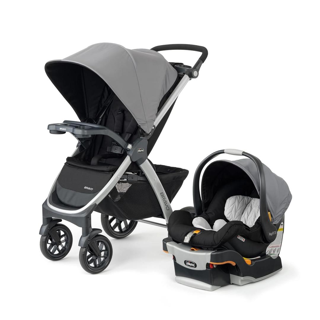 Chicco Bravo 3-in-1 Travel System, Quick-Fold Stroller with Car Seat | Camden/Black, KeyFit 30 car seat, 3 modes, UPF 50+ canopy, one-hand fold, all-wheel suspension, baby travel stroller, Expiry Date 11/2031