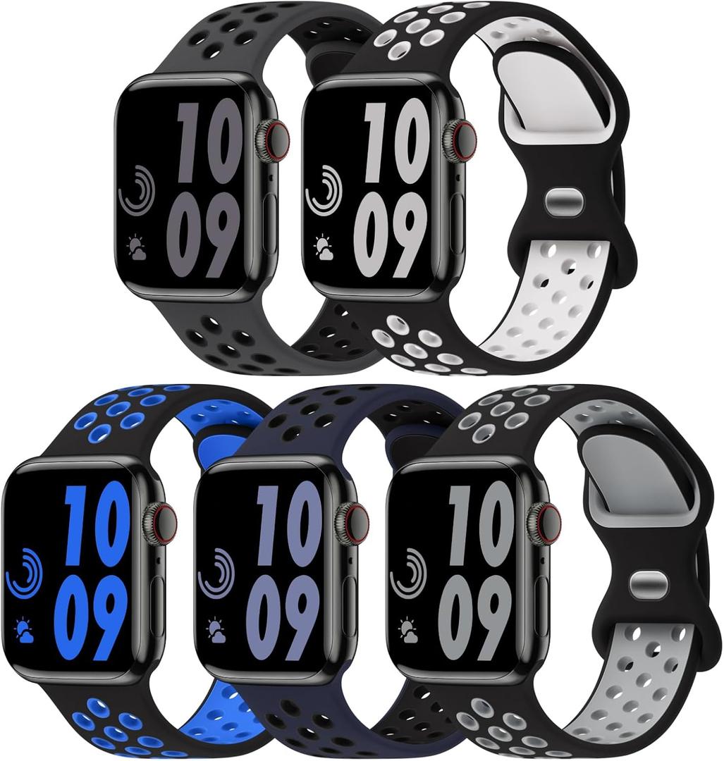 5 Pack Sport Bands Compatible with Apple Watch Band 44mm 45mm 46mm 42mm 41mm 40mm 38mm 49mm for Men Women, Breathable Silicone Wrist Strap for iWatch Series 11 10 9 8 7 6 5 4 3 2 1 SE3 2 1 Ultra3 2 1 (Anthracite Black/Black White/Black Blue/Midnight-Blue Black/Black Gray)