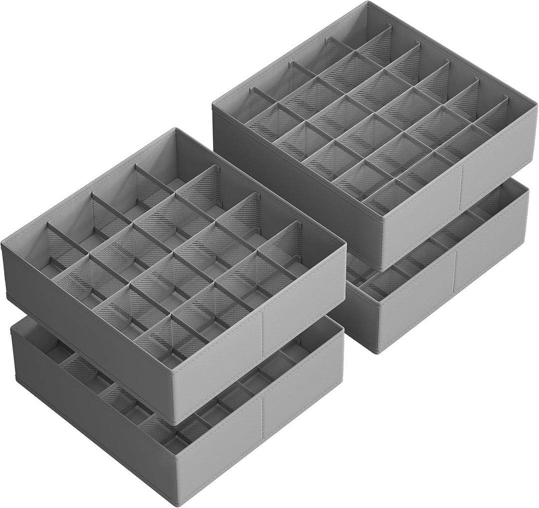 SONGMICS Set of 4 Drawer Organizers, Closet Organizers for Underwear, 80 Cells, Foldable Sock Holders, 11.8 x 11.8 x 3.9 Inches, for Storing Socks, Ties, Belts, Dove Gray URUS011G01