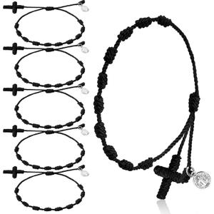 Yinkin 30 Pieces St Benedict Medal Rosary Bracelet Bulk Adjustable Knot String Braided Bracelet Baby Protection Mexican Bracelets with Mesh Bags for Women Men Girls Boys Minimalist Jewelry (Black)