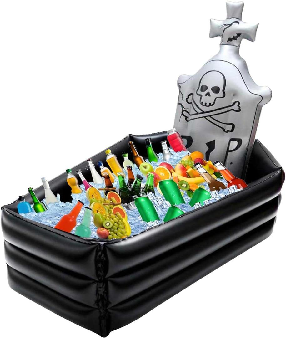 44Inch Inflatable Coffin Cooler Ice Chest Buffet Coffin Tombstone Ice Bucket for Drinks 100+ Cans Large Capacity Drink Beverage for Halloween Party Spooky Decor Picnic Barbecue Party(Tombstone Cooler)