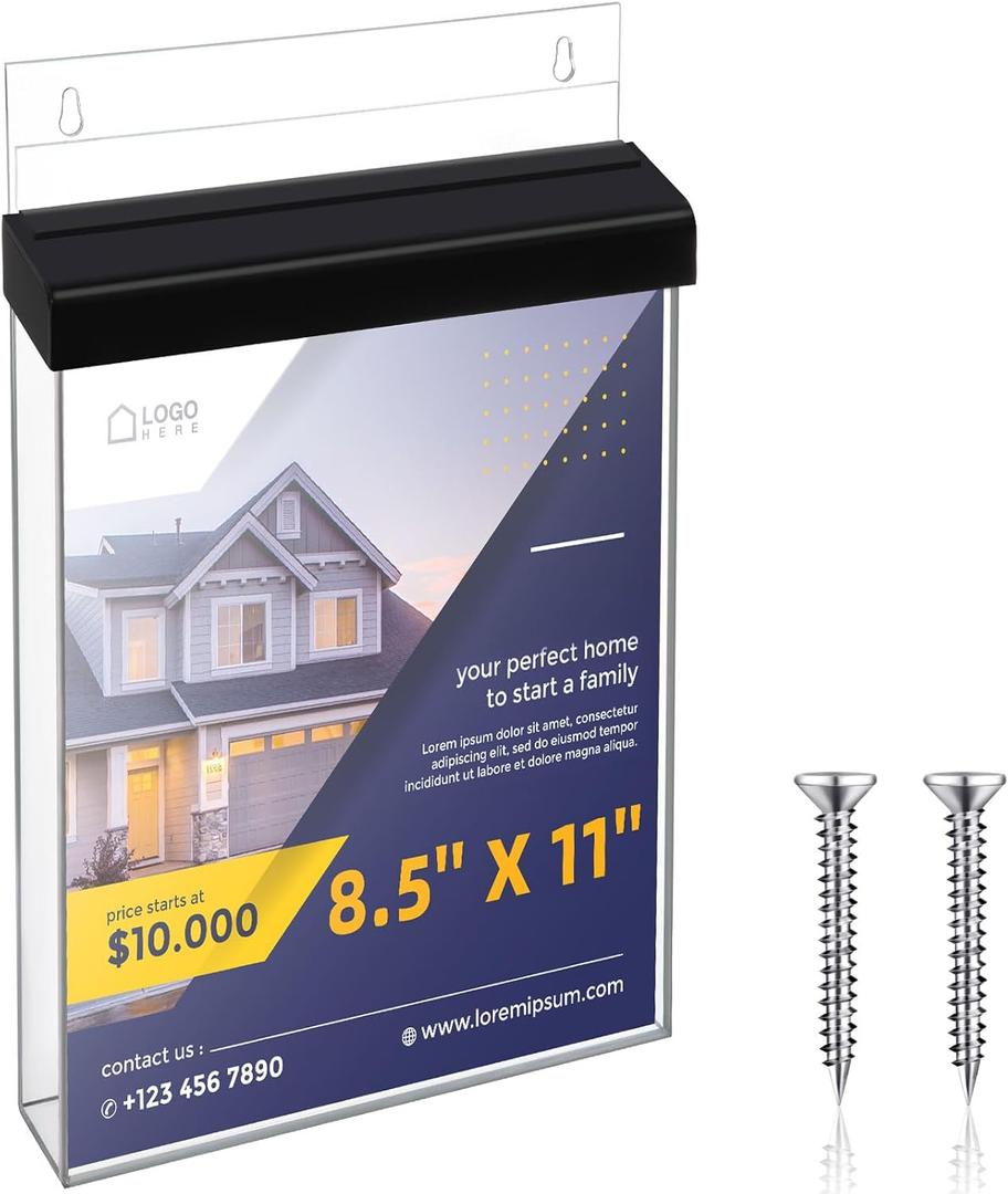 1 Pcs Outdoor Brochure Holder 8.5" x 11" with Lid Acrylic Wall Mount Flyer Box with Self Closing Lid Waterproof Heavy Duty with Screw for Real Estate Flyer Document Pamphlet Display (Black)