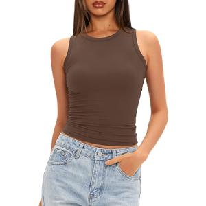 Darong Women's Tank Tops Crew Neck Sleeveless Basic Stretch Double Lined Fitted Tank Shirt Crop Camis (Medium, Coffee)