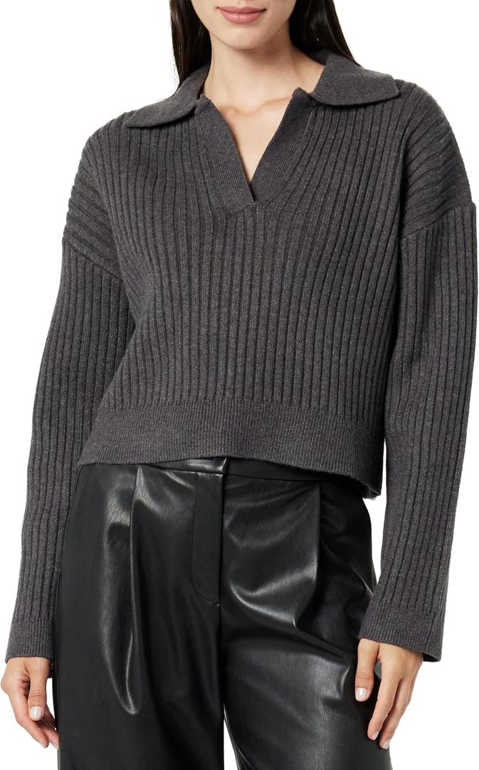 The Drop Women's Marcy Ribbed Polo Top (Charcoal), S The Drop Women's Marcy Ribbed Polo Top (Charcoal), S