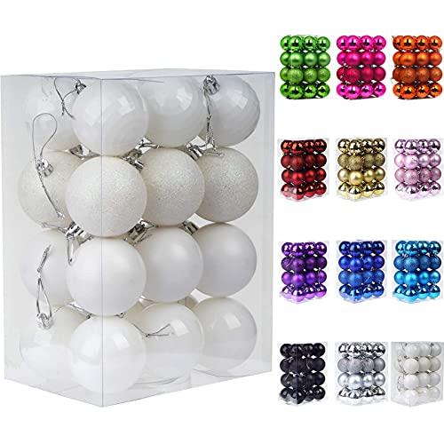 Emopeak 24Pcs Christmas Balls Ornaments for Xmas Christmas Tree - 4 Style Shatterproof Christmas Tree Decorations Hanging Ball for Holiday Wedding Party Decoration (White, 2.4"/6.2CM)