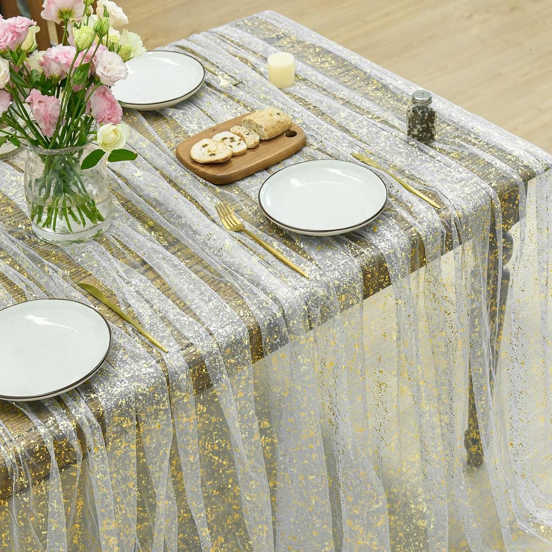 Horaldaily Beige Gold Gauze Tablecloth 60x120 Inch Rectangular, Golden Sequin Glitter Metallic Foil, Sheer Tulle Cheesecloth for Wedding Baby Shower Ceremony Birthday