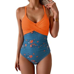 B2prity Women's One Piece Swimsuits Tummy Control Front Cross Bathing Suits Tie Back Slimming V Neck Swimwear, Large
