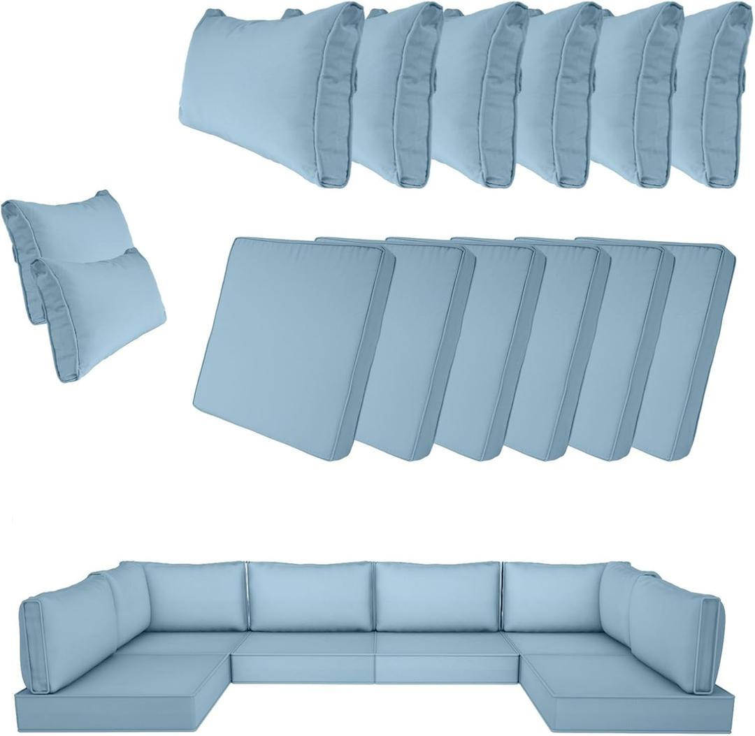 14 Piece Outdoor Patio Cushion Cover Replacement, Waterproof Patio Cushion Covers, Outdoor Furniture Cushion Covers Set for 6 Seat Wicker Rattan Sofa (Light Blue), 25.6 inches x 25.6 inches x 4 inches