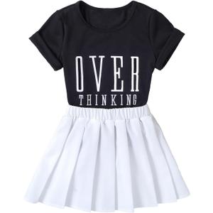 SOLY HUX Toddler Girl's 2 Piece Outfits Letter Print Short Sleeve Tee and Pleated Skirt Set (White)