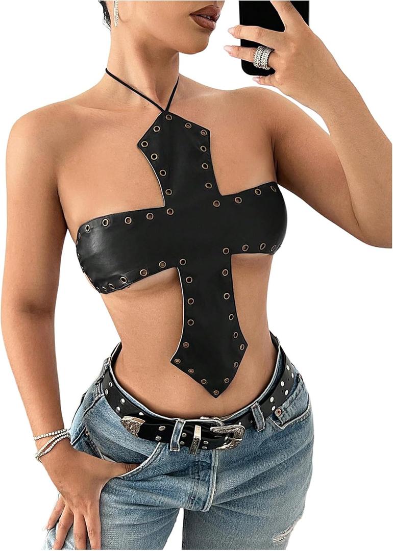 MakeMeChic Women's PU Leather Top Tie Backless Halter Grommet Eyelet Y2K Going Out Tops (Medium, Black)