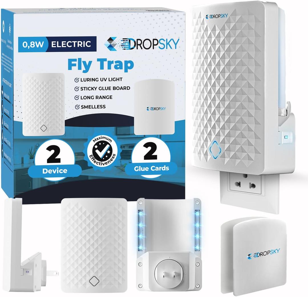 Dropsky Indoor Flying Insect Trap - Plug-in Bug Light Trap for Fruit Flies, Gnats and Houseflies - Odorless and Mess Free (2 Traps + 2 Glue Cards)