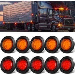 10 Pack (5 Amber + 5 Red) 2" Round LED Side Marker Light, Super Bright 12-24V Grommet Flush Mount 4 LED Clearance Lights W/ Rubber Gaskets for Trucks Trailers RV Camper, DOT Approved, IP67 Waterproof