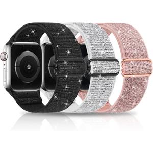 3 Packs Shiny Stretchy Bands Compatible with Apple Watch Band, Nylon Adjustable Sport Solo Loop Women Replacement Straps for iWatch, Size: 38mm/40mm/41mm/42mm(series 10)(Pink/Silver/Black)