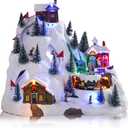 VCUTEKA Christmas Village Collectible Building, Snowy Mountain with Ski Slopes and Revolving Train Lighted Musical Village Addition to Your Christmas Indoor Decor