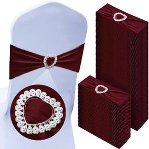 100 Pcs Spandex Chair Sashes with Heart Shaped Buckle Slider Stretch Chair Cover Band Universal Elastic Ties for Wedding Banquet Event Party Decoration(Burgundy)