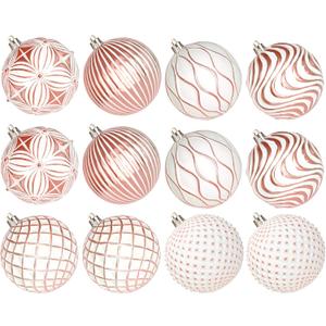 Lanpn 12 Pcs 4" Large Christmas Balls Ornaments, Outdoor Xmas Tree Hanging Decorations, Shatterproof Christmas Ball Ornament Set for Home Winter Holiday, Assorted Relief Pattern, White & Rose Gold