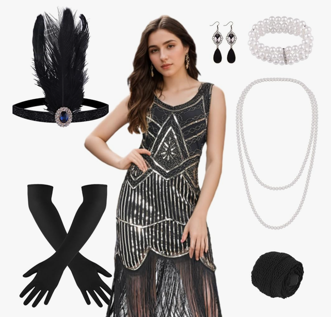 FEPITO 1920s Flapper Dresses for Women, Fringed Sequin Great Gatsby Dress for Women with 20s Accessories, Roaring 20 Costume XL