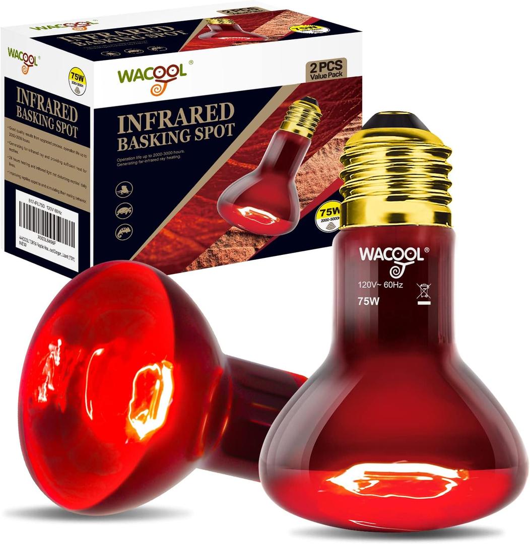 WACOOL Pack of 2 Reptile Heat Lamp Bulbs, 75W Infrared Basking Spot Light for Reptiles & Amphibians, Red Heat Lamp Bulb for Bearded Dragon Gecko Turtle Lizard