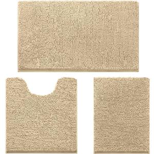 HOMEIDEAS 3 Pieces Bathroom Rugs, Ultra Soft Non Slip Absorbent Chenille Toilet Bath Mat Set (Beige) (1'8" x 2'8" (17"x24"+20"x32"+U Shape 20"x24"))