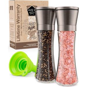 Home EC Original Gun Metal Bronze Salt and Pepper Grinder Set of 2 - Adjustable Ceramic Grinder - Tall Glass Salt and Pepper Shakers With Funnel and Ebook - Spice Mill - Bronze Kitchen Accessories
