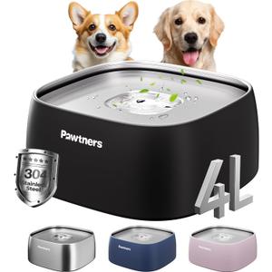 Dog Water Bowl No Spill, 4L Stainless Steel Slow Water Bowl for Dogs with Non-Slip Base, Spill Proof for Medium Large Messy Drinkers, Slow Drinking, Slobber Stopper, No Mess, Black