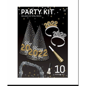 Party Kit with Hats, Tiaras, Blowouts, Noise Makers & Necklaces, Black/Gold, 10 Person Pack, for New Year's Eve
