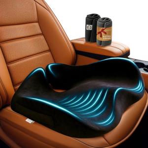 Car Seat Cushion for Driving Orthopedic Memory Foam Car Seat Pad for Sciatica, Tailbone, and Back Pain Relief for Long Drives. Bonus: with Extra Non-Slip/Washable Cover (Black)