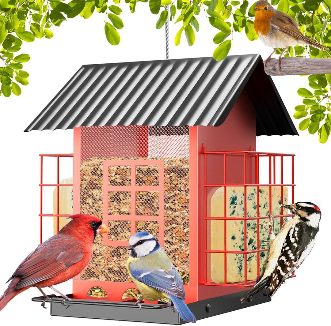 Bird Feeders for Outdoors Hanging, Metal Bird Feeder with Double Suet Cage Cake, Large Capacity, Birdfeeders Sturdy & Weatherproof, Easy to Clean & Refill, Great for Attracting Wild Birds (Red)