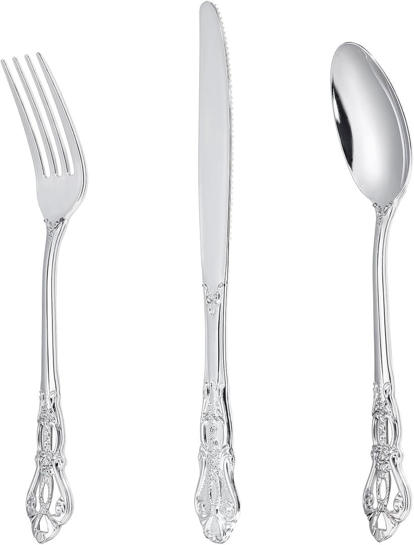 90PCS Silver Plastic Silverware - Heavy Duty Silver Disposable Cutley - Fancy Plastic Utensils Flatware Include 30 Forks, 30 Spoons, 30 Knives for Catering, Parties, Dinners, Weddings