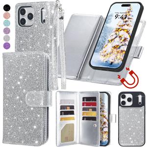 Varikke for iPhone 17 Pro Max Wallet Case Detachable with RFID Blocking Card Holder for Women, Glitter PU Leather Strap Magnetic Flip Removable Phone Case Cover for iPhone 17 Pro Max 6.9", Silver