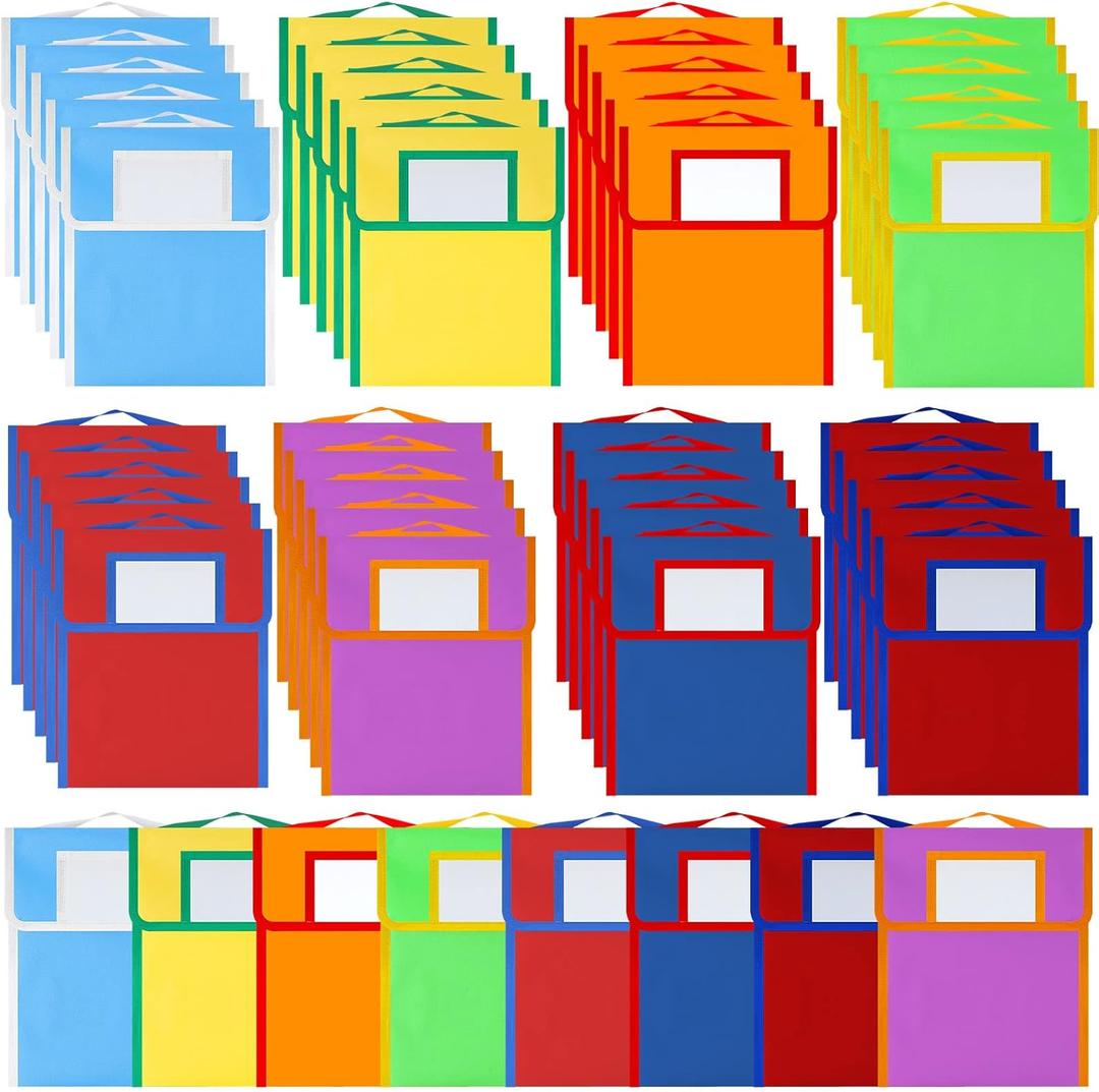 Lincia 32 Pcs Nylon Book Pouch Bags with Stitched Handle and Clear Name Tag Pockets, Book Bags for Kids, Classroom, School, Homework, Protector Store Reading Supplies, 11.8 x 9.8 Inch