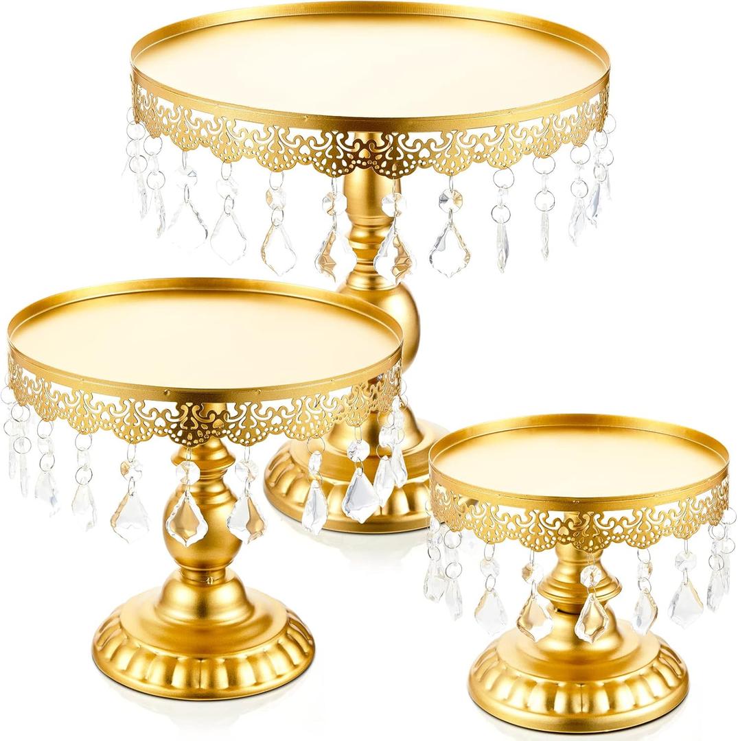 3 Pcs Cake Stand Set Round Cake Stand with Crystal Bling Pendants Dessert Table Display Set for Wedding Event Birthday Party Dessert Table(Gold)