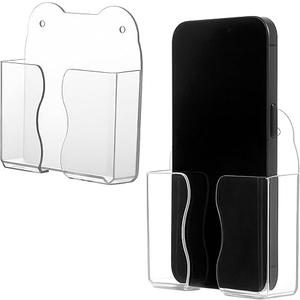 2PCS Wall Phone Holder Clear Phone Shelf Self Adhesive with Charging Hole, Compatible with Phone and Android Smartphone, Cell Phone Cradle Bedside Organizer Remote Control Stand for Home Office