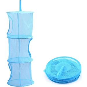 Mesh Hanging Storage Basket With 3 Compartments Foldable Hanging Storage Organizer Net Bag for Toys Storage, Space Saver Sundries Clothes Bra Underwear Socks Drying Basket Laundry Hamper (Blue)