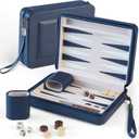 Magnetic Travel Backgammon Set, Portable PU Leather Backgammon Board Game, 9 Inch Classic Strategy Game for Adult Teens, Folding Backgammon Board with 32 Wooden Pieces and 5 Dices, Navy Blue